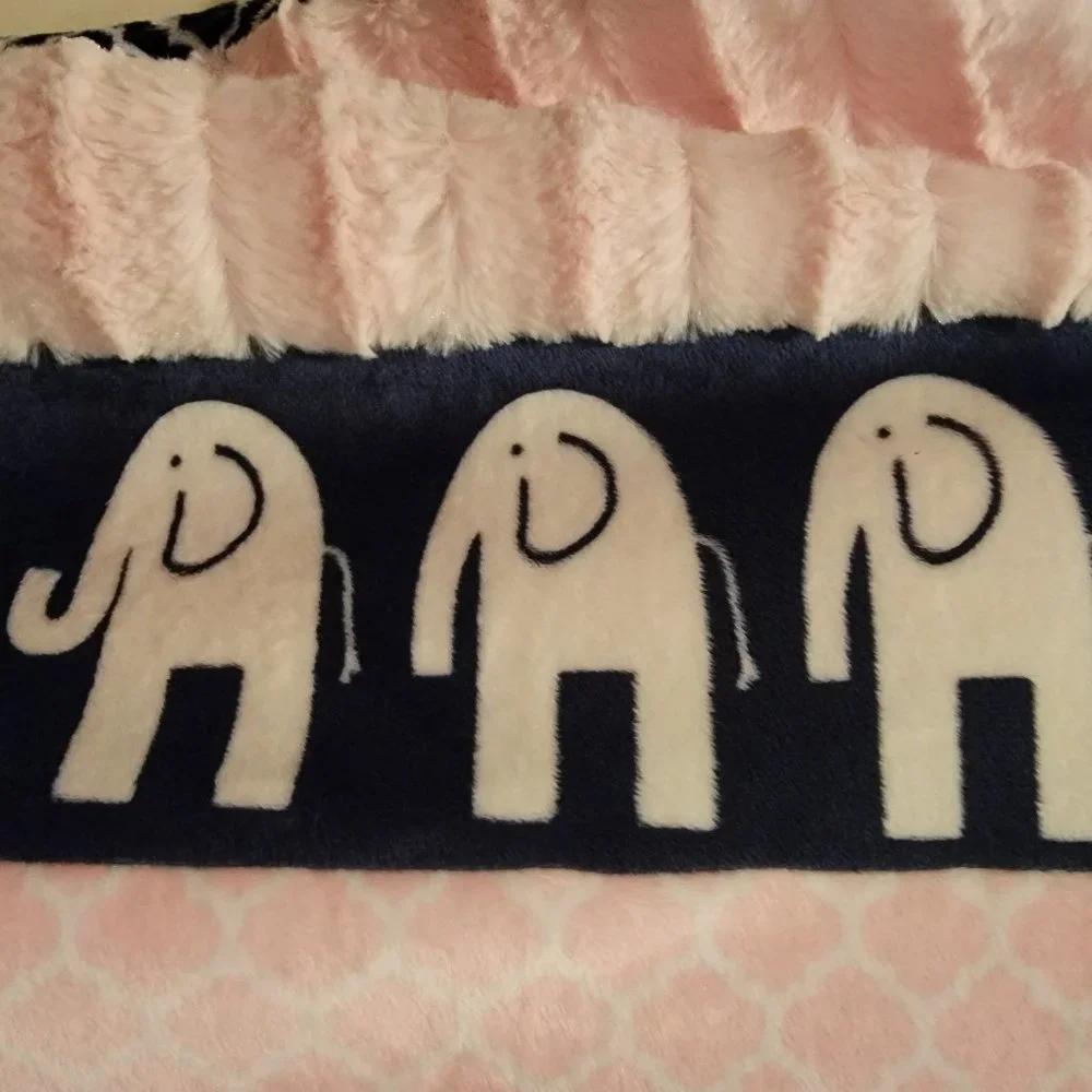 Handmade Minky Elephant Blanket 48x34 Large Plush Pink Navy Soft Throw Baby Gift